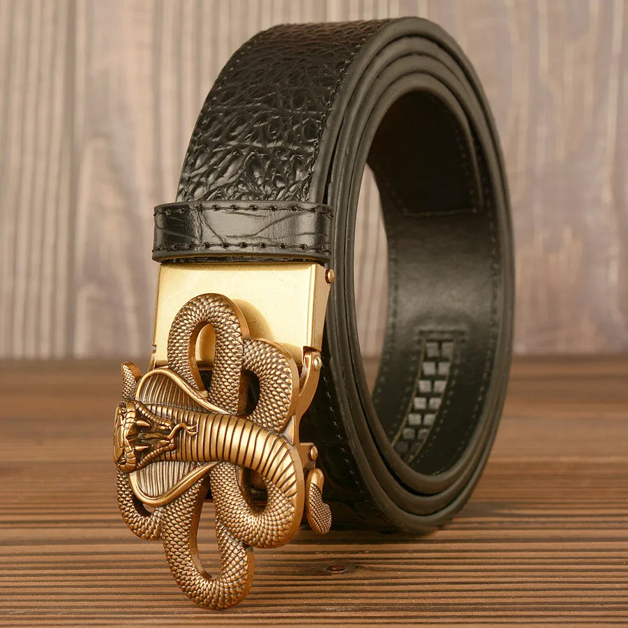 Black genuine leather men's belt with automatic buckle, 3.8cm width, carved cow leather strap for jeans by Ansoff
