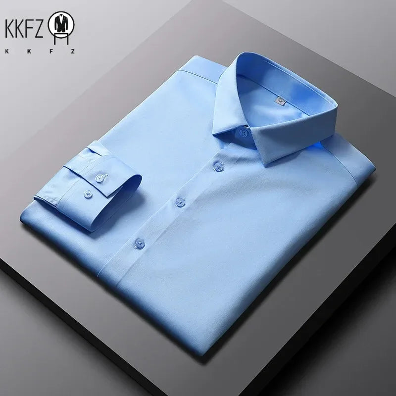 Ansoff men's long sleeve solid color casual shirt with wrinkle-resistant, non-ironing fabric, suitable for business or everyday wear.