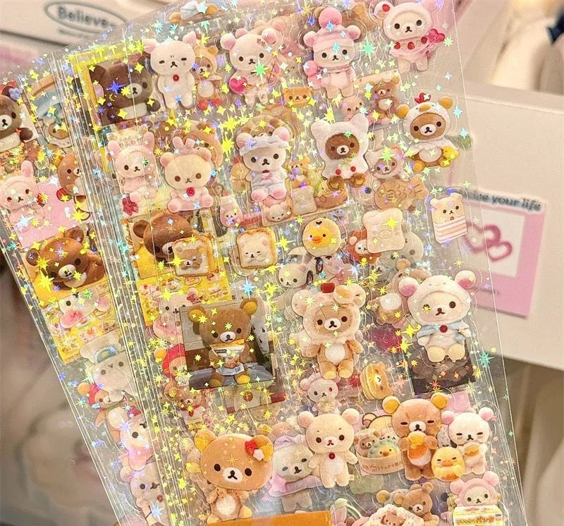 Set of 5 Ansoff Hello Kitty and Rilakkuma cartoon die-cut stickers featuring cute kitty cat and anime designs on flashing laser sticker material.