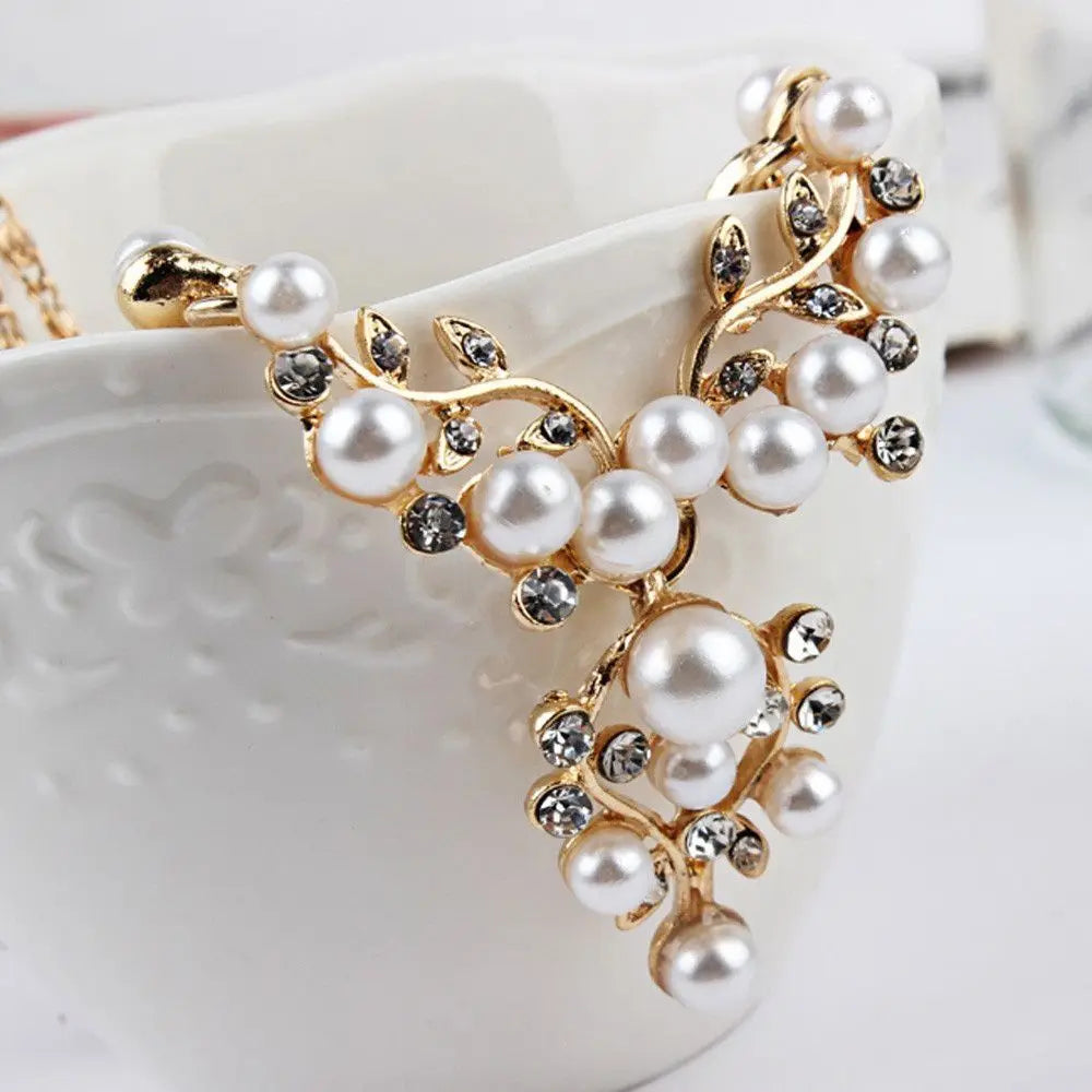 Charm Gifts Party Imitation Pearl Necklace Crystal Engagement Simulated Earrings Silver Plated Jewelry Sets Wedding Bridal