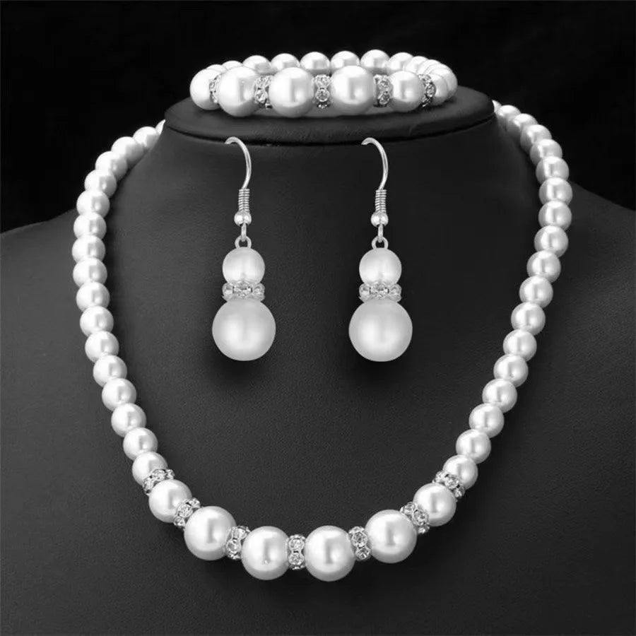 High Quality Luxury Elegant Simulated Pearl Necklace Earrings Bracelet Sets Women Bridal Banquet Wedding Fashion Jewelry Gifts
