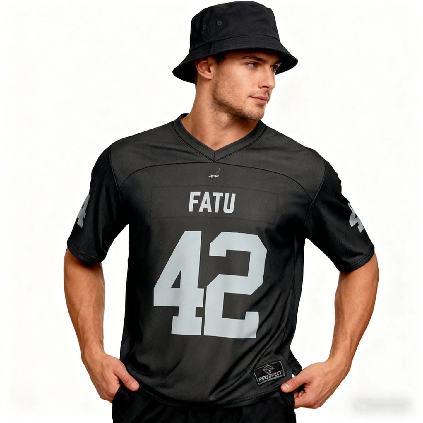 Men's black Jacob Fatu football jersey by Ansoff, featuring a loose fit, breathable fabric, ideal for outdoor sports and casual wear.