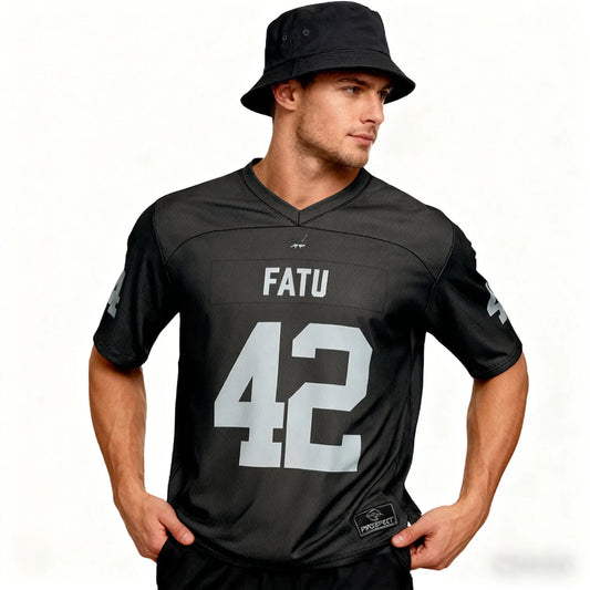 Men's black Jacob Fatu football jersey by Ansoff, featuring a loose fit, breathable fabric, ideal for outdoor sports and casual wear.