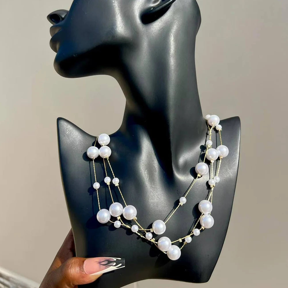 Elegant Imitation Big White Pearl Necklace Earring Jewelry Set for Women Party Wedding Pearl Accessories