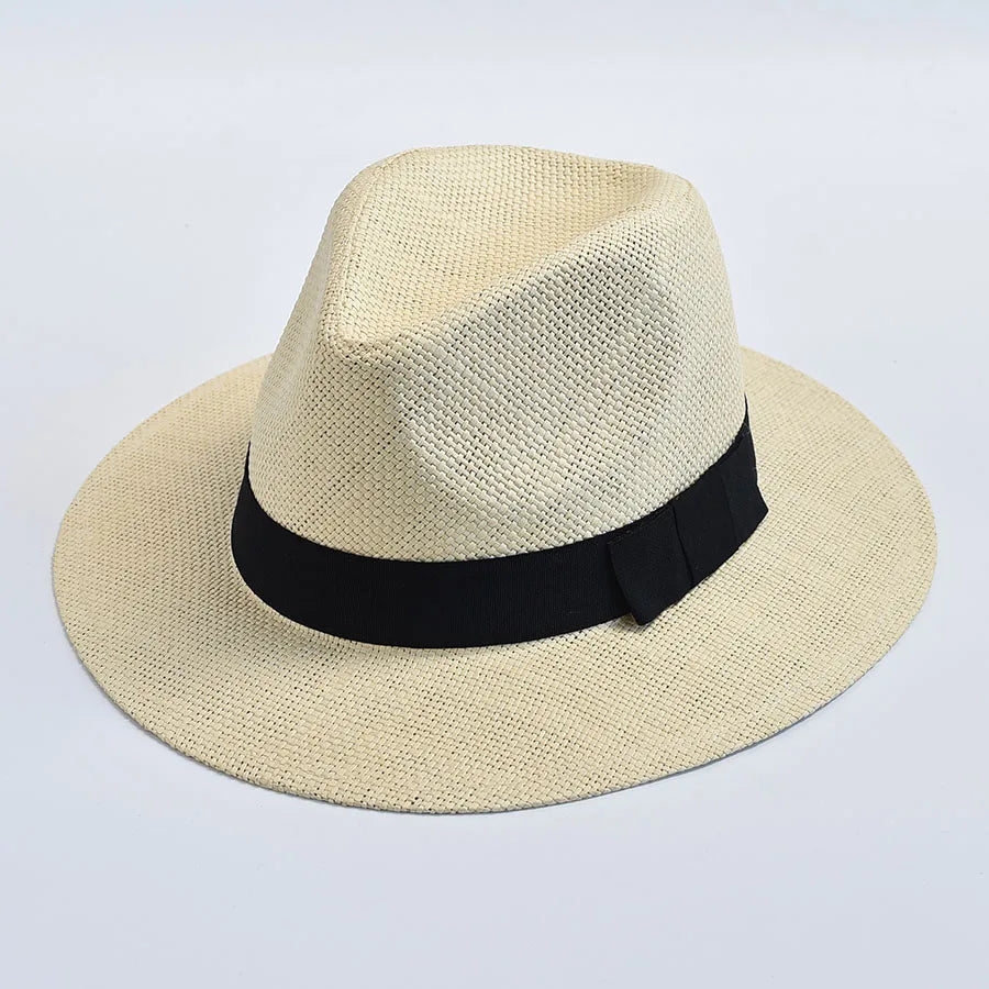 Ansoff summer casual straw Panama hat for women and men, outdoor UV protection beach jazz bonnet with brim.