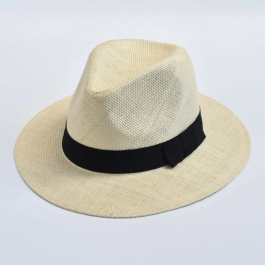 Ansoff summer casual straw Panama hat for women and men, outdoor UV protection beach jazz bonnet with brim.