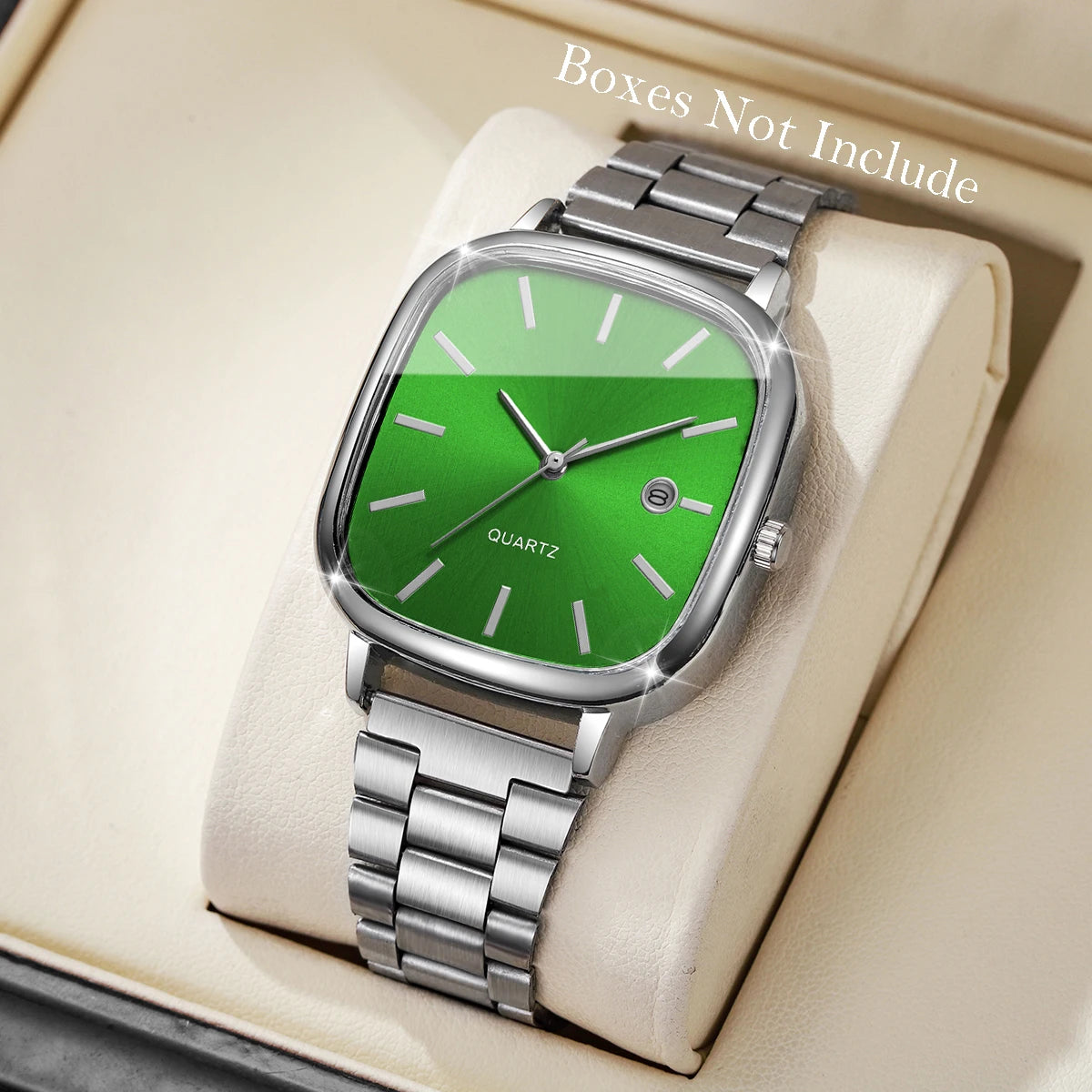 Ansoff men's square business watch with analog calendar, quartz movement, black dial, and silver case on a leather strap.