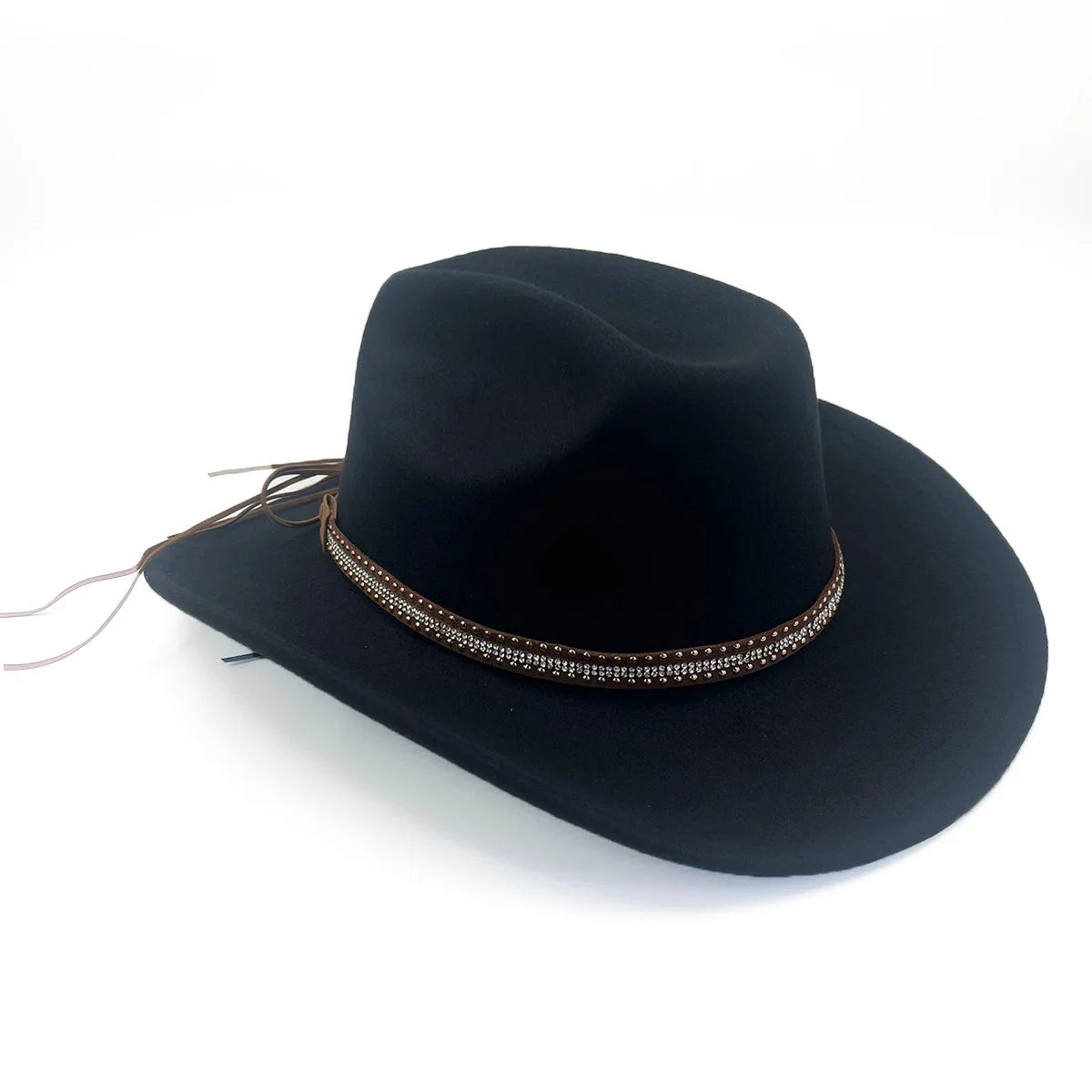 Vintage wool felt cowboy hat with wide brim and adjustable headband, suitable for outdoor riding and rodeo for men and women.