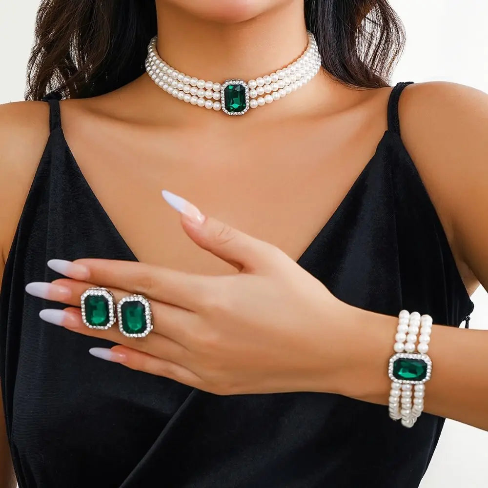 Rhinestones Pearl Jewelry Sets Multi-layer Bead Necklace Bracelet Earring Set Luxury Imitation Gem Bridal Jewelry Sets Party