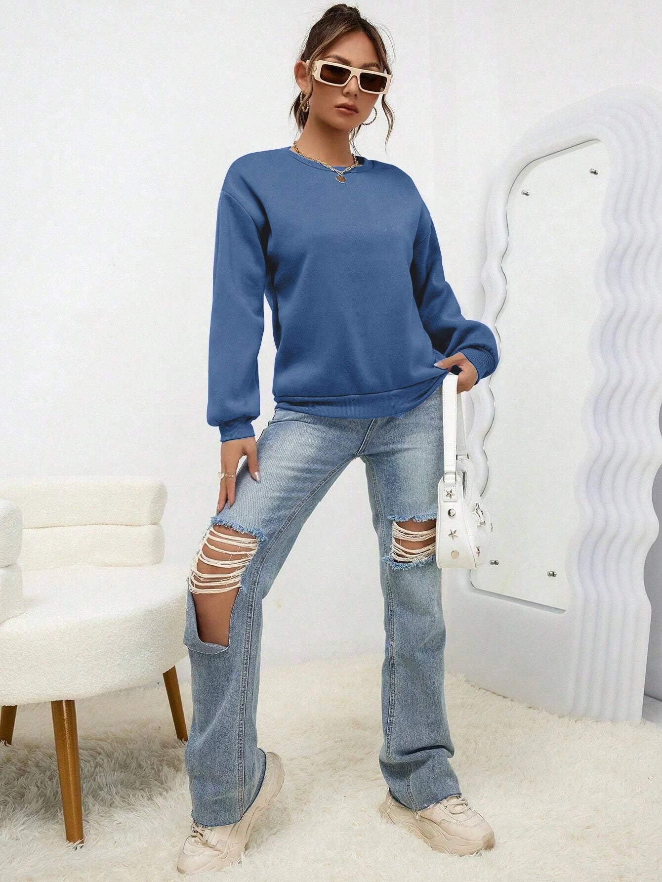Woman Sweatshirt Casual Solid Color All-Match Clothing Loose Fashionable Pullovers Autumn Crewneck Warm  Female Hoodies - Acros