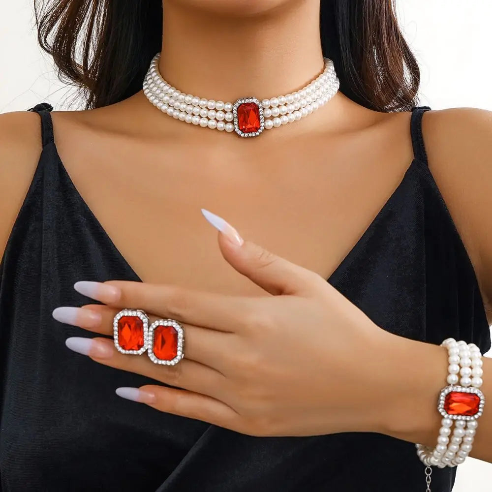 Rhinestones Pearl Jewelry Sets Multi-layer Bead Necklace Bracelet Earring Set Luxury Imitation Gem Bridal Jewelry Sets Party