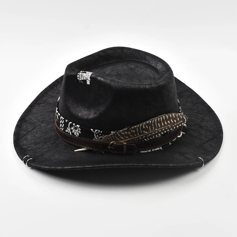 Vintage Faux Leather Western Cowboy Hat For Men Handmade Gentleman Jazz Hats Panama Cowgirl Hat Sombrero Hombre