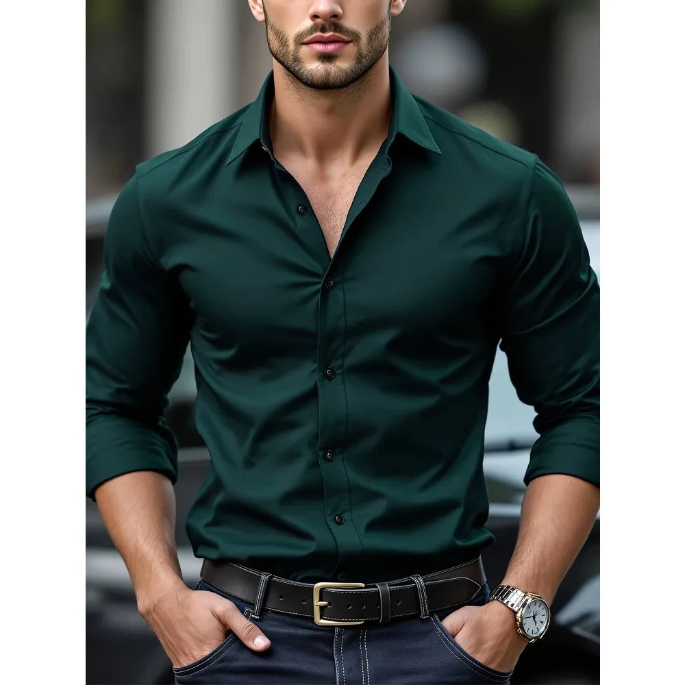 Men's Ansoff solid color long sleeve shirt, smart casual style, four season elastic business shirt, front view.