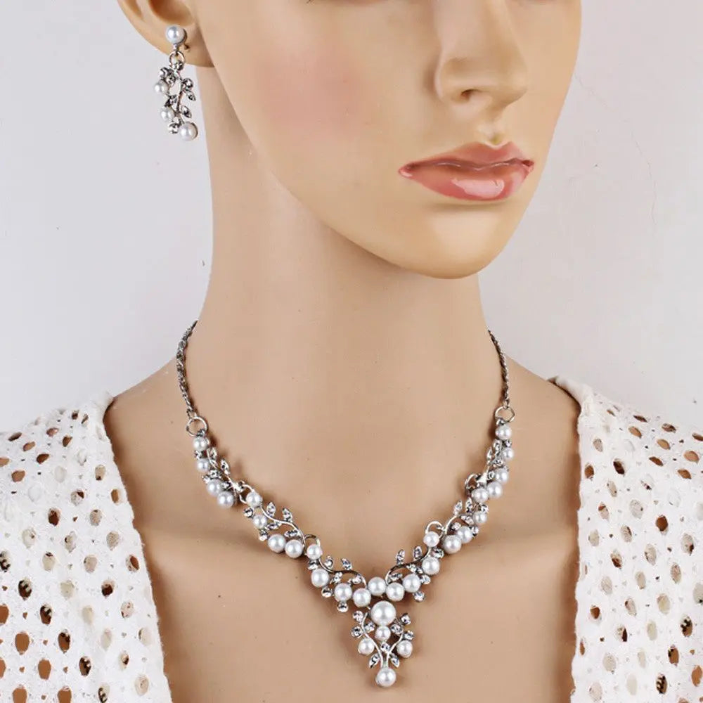 Charm Gifts Party Imitation Pearl Necklace Crystal Engagement Simulated Earrings Silver Plated Jewelry Sets Wedding Bridal