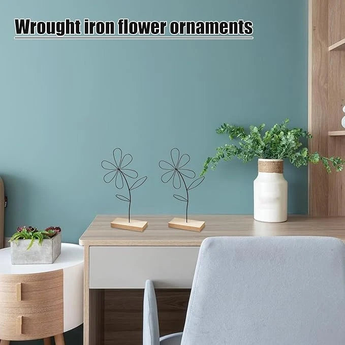 Iron Desktop Art - Rustproof Flower Design Ornament with Wooden Base, Art Crafts for Bedroom, Study Room, Cafe