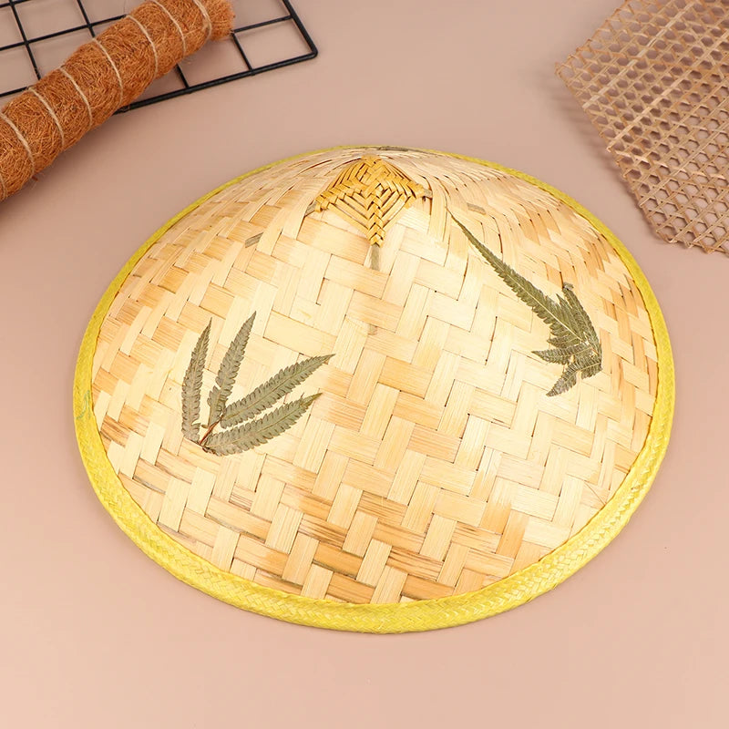 Handmade Chinese retro bamboo rattan fisherman hat with woven straw design, sunshade brim, ideal for tourism and outdoor activities.