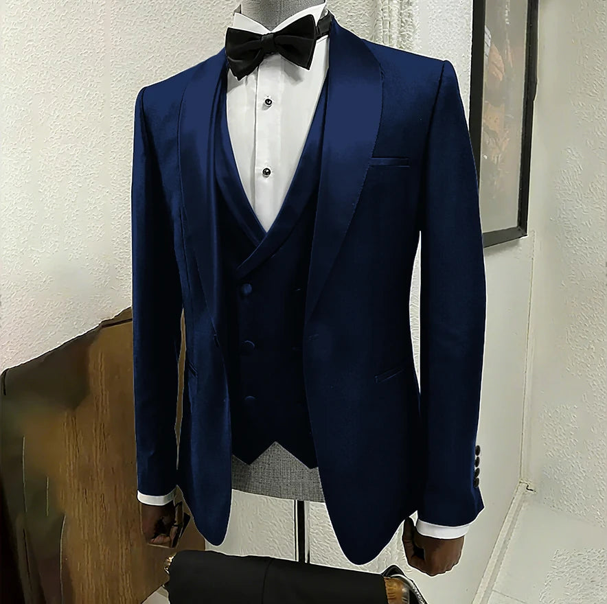 Black men's 3-piece tuxedo suit by Ansoff with shawl lapel, one-button jacket, ideal for weddings, parties, and formal events.