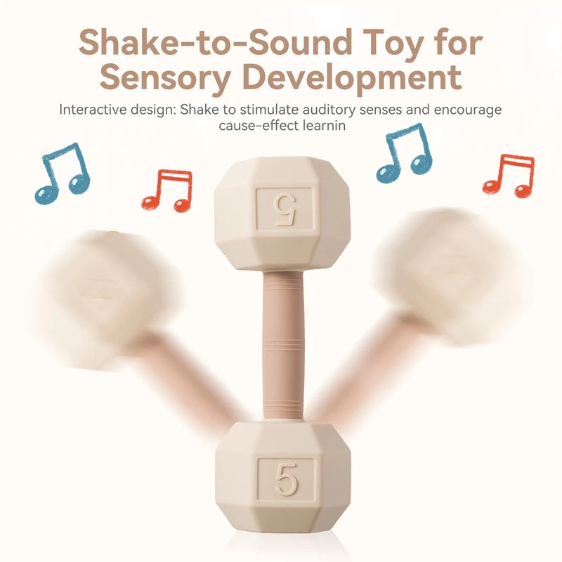 Ansoff baby silicone teething cartoon dumbbell rattle toy with bell, sensory features, ideal for infants' cognitive and musical development.