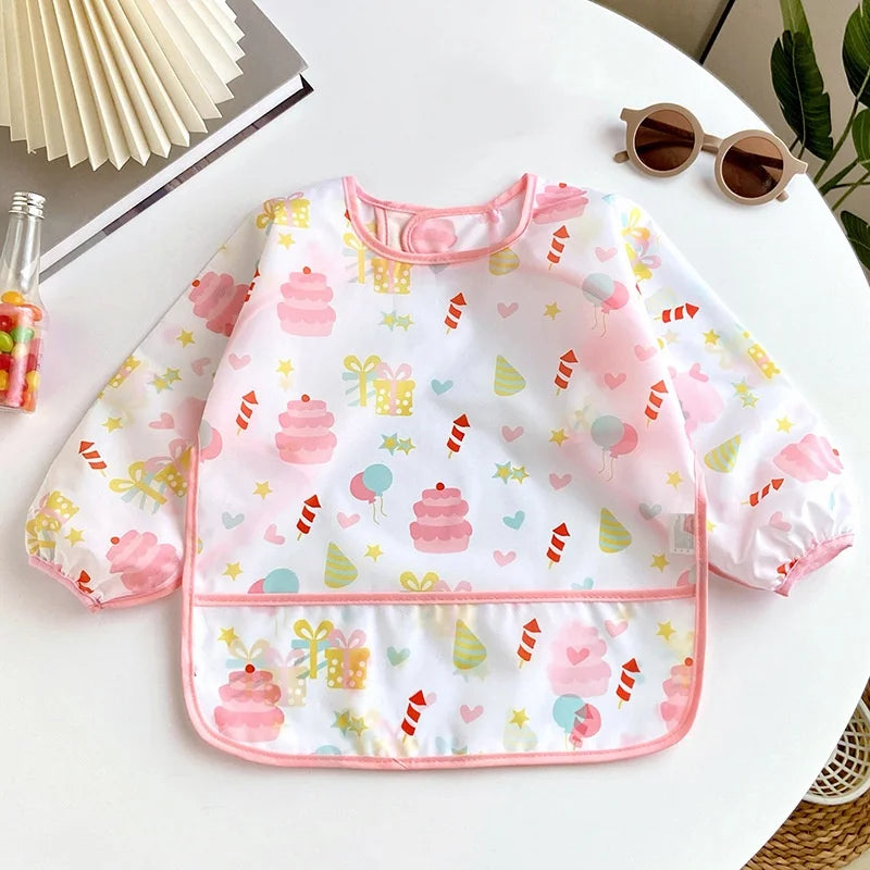 Ansoff waterproof cartoon baby bib for girls and boys with long sleeves, adjustable feeding apron and colorful painting design.