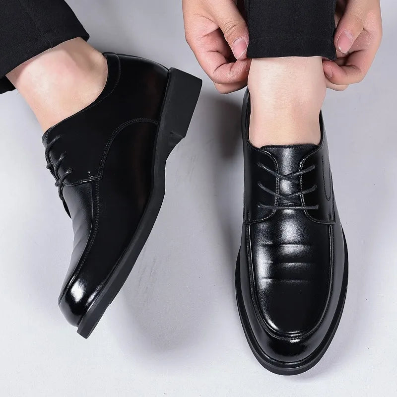 Men's Genuine Leather Shoes Summer Business Casual Wedding Low Top round Toe Rubber Outsole Anti-Slip Lace-Up Boots