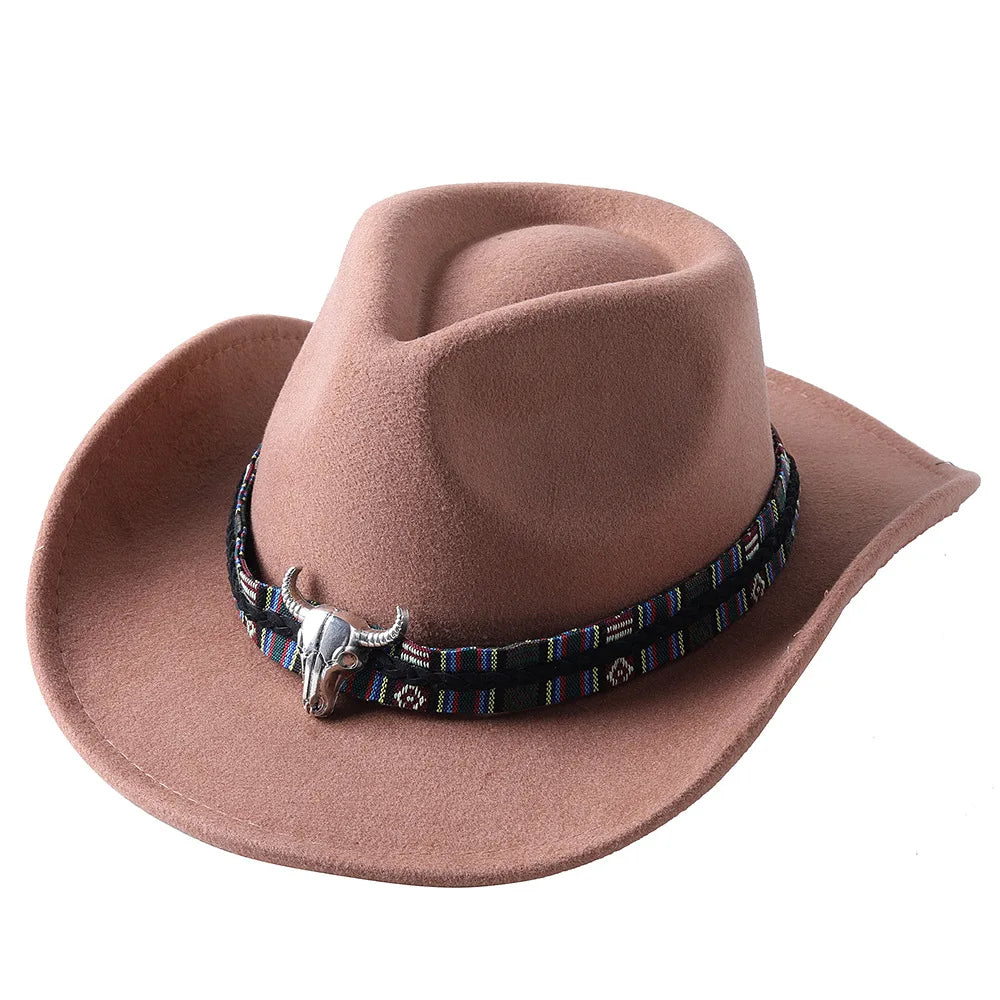 Ansoff cowboy hat with cow head design, monochrome felt, large brim outdoor hat for men and women, knight-style accessory