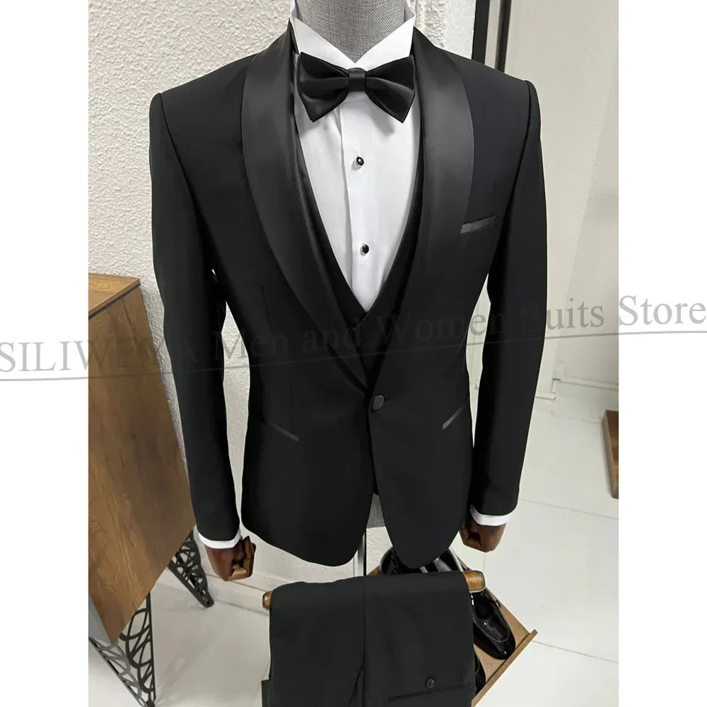 Men's black 3-piece tuxedo by Ansoff with shawl lapel, one-button jacket, perfect for weddings, parties, and formal events.