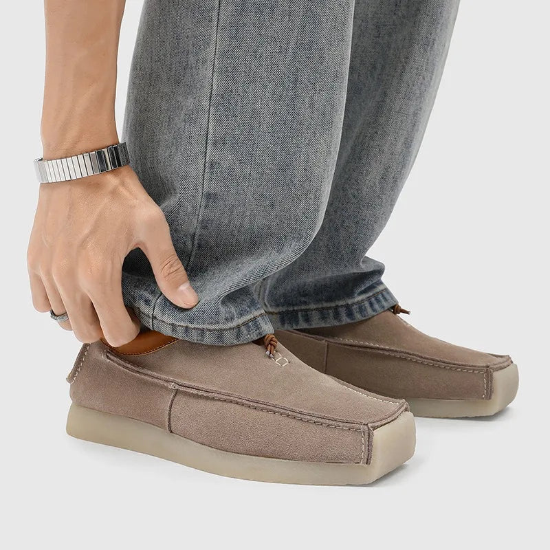 Ansoff men's square toe suede loafers, luxury designer casual sneakers with skateboard-inspired moccasin style, in black.