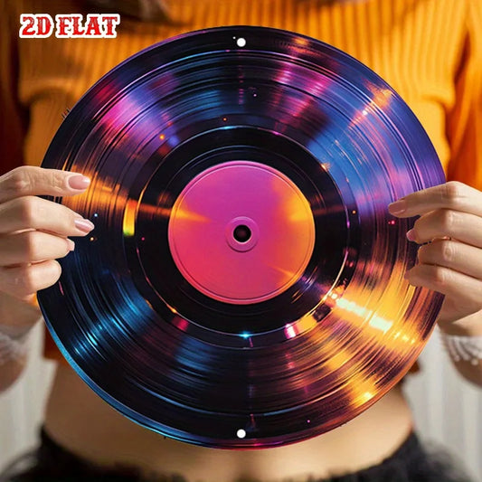 2D Flat, Round Wall Art - Vinyl Record Design with Colorful Reflections & Sparkles, Frameless Modern Decor for Living Room Decor