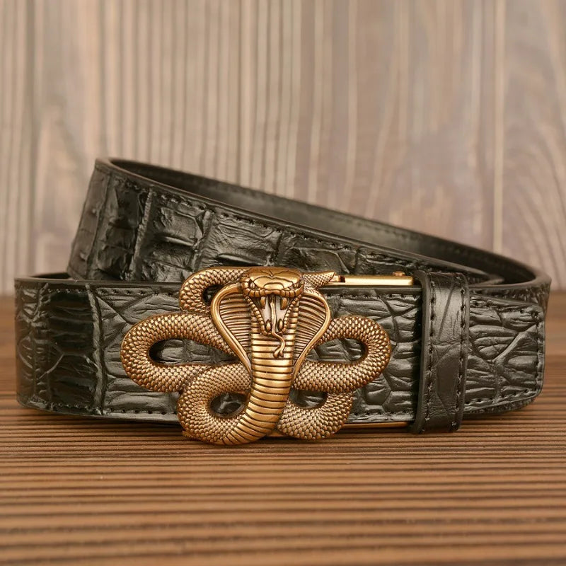 Black genuine leather men's belt with automatic buckle, 3.8cm width, carved cow leather strap by Ansoff.