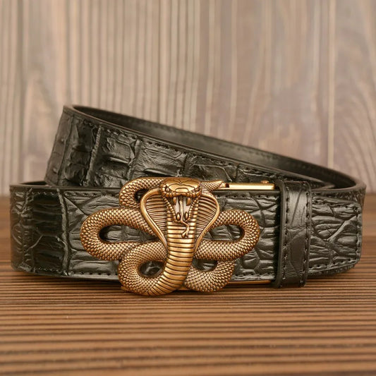 Black genuine leather men's belt with automatic buckle, 3.8cm width, carved cow leather strap by Ansoff.