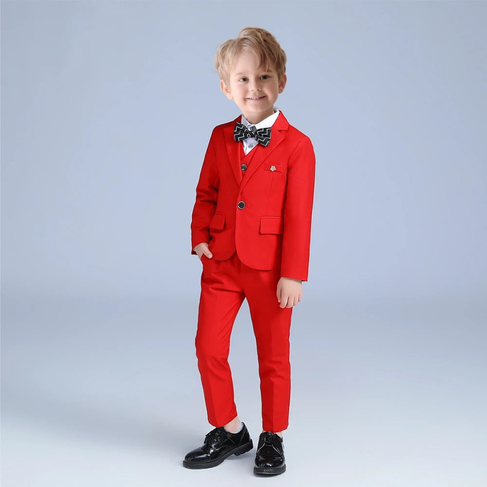 Red kids suit set by Ansoff featuring boys' formal suits for Christmas, New Year, school opening, and piano performances.