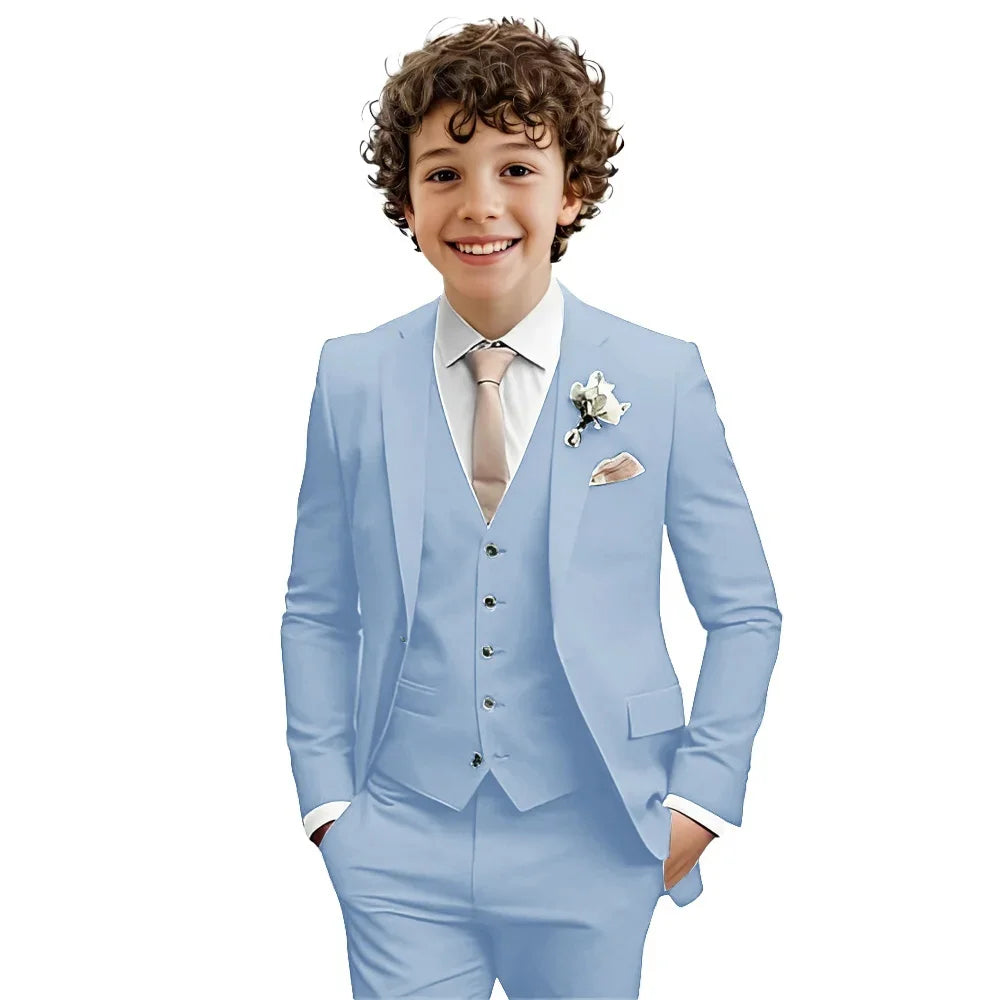 Multi-color boys' formal suit set by Ansoff, includes jacket, vest, and pants, perfect for weddings and parties in sizes 2-20T.