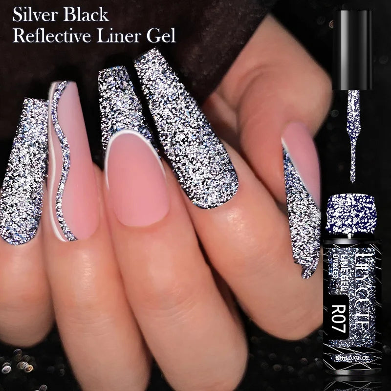 LILYCUTE 5ML Champagne Gold Reflective Glitter Liner Gel Nail Polish Bright Sparkling French Semi Permanent Nail Painting UV Gel