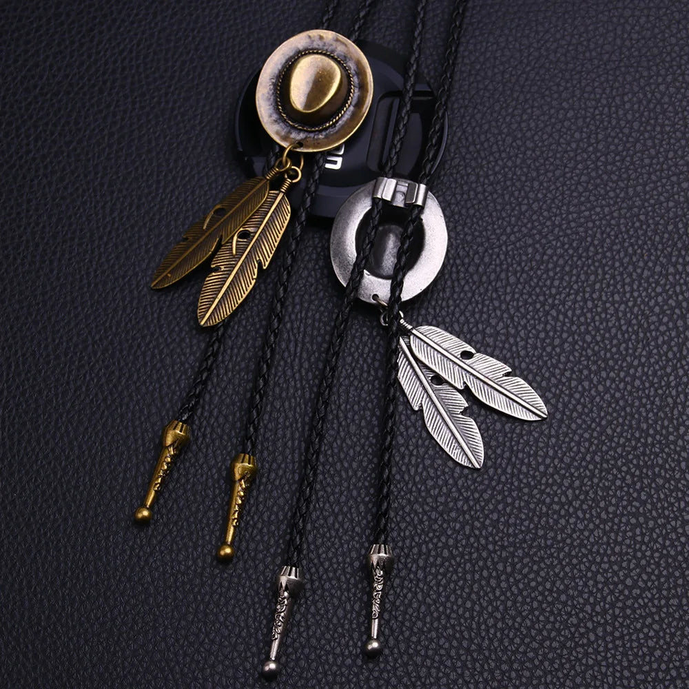 Vintage Cowboy Jazz Hat Alloy mens bolo tie Men Women Leather Rope Long Necklace Sweater Chain shirts Bolo Tie Men Accessories