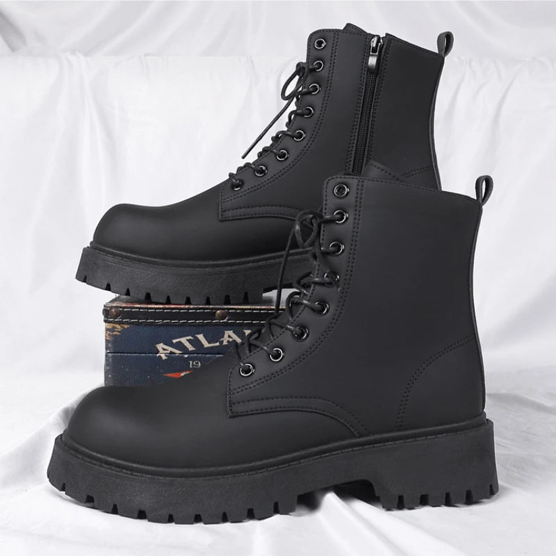 Ansoff men's black leather high-top platform motorcycle boots with lace-up design, waterproof casual style, British-inspired fashion footwear