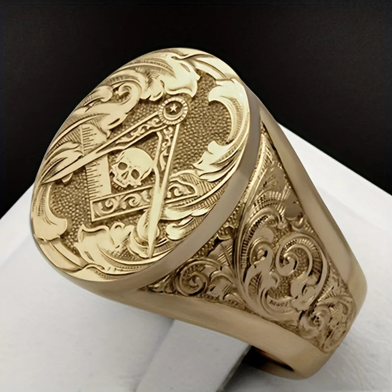 Fashion Carving Sun Pattern Mason Retro Ring for Men 18K Gold Plated Carving Seal Rings Punk Party Handmade Jewelry
