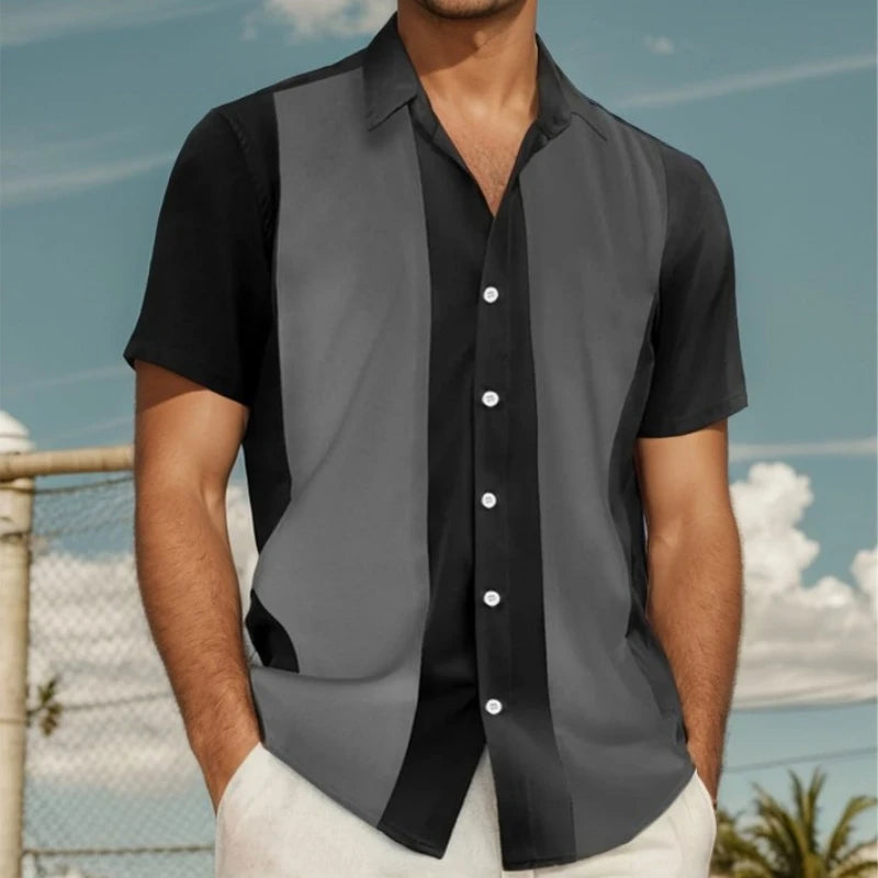 Ansoff men's short sleeve casual shirt with vintage striped splicing design, button-down style, perfect for summer.