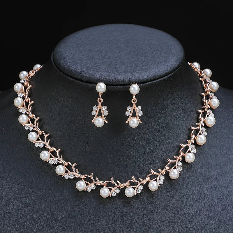 New Fashion personality flower Imitation Pearl Wedding Necklace Earring Set Bridal For Women Elegant Rhinestone Jewelry Gift