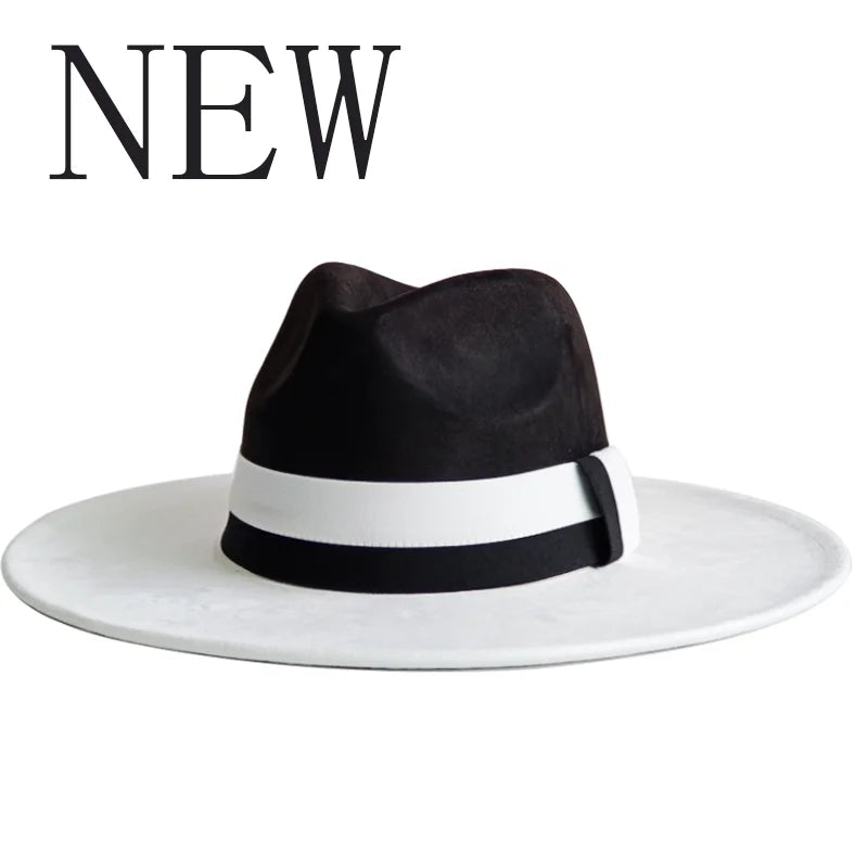 Colorblock ribbon suede felt hat with wide brim, suitable for women and men, featuring vibrant autumn and winter British style design.