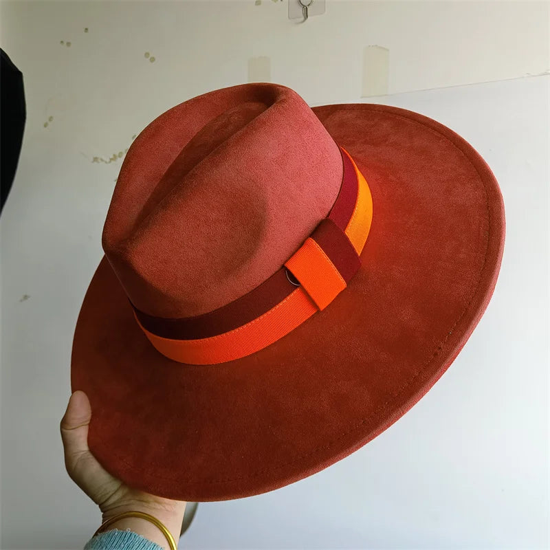 Colorblock ribbon colorful suede hat by Ansoff, wide-brim felt hat for women and men, perfect for autumn and winter fashion.