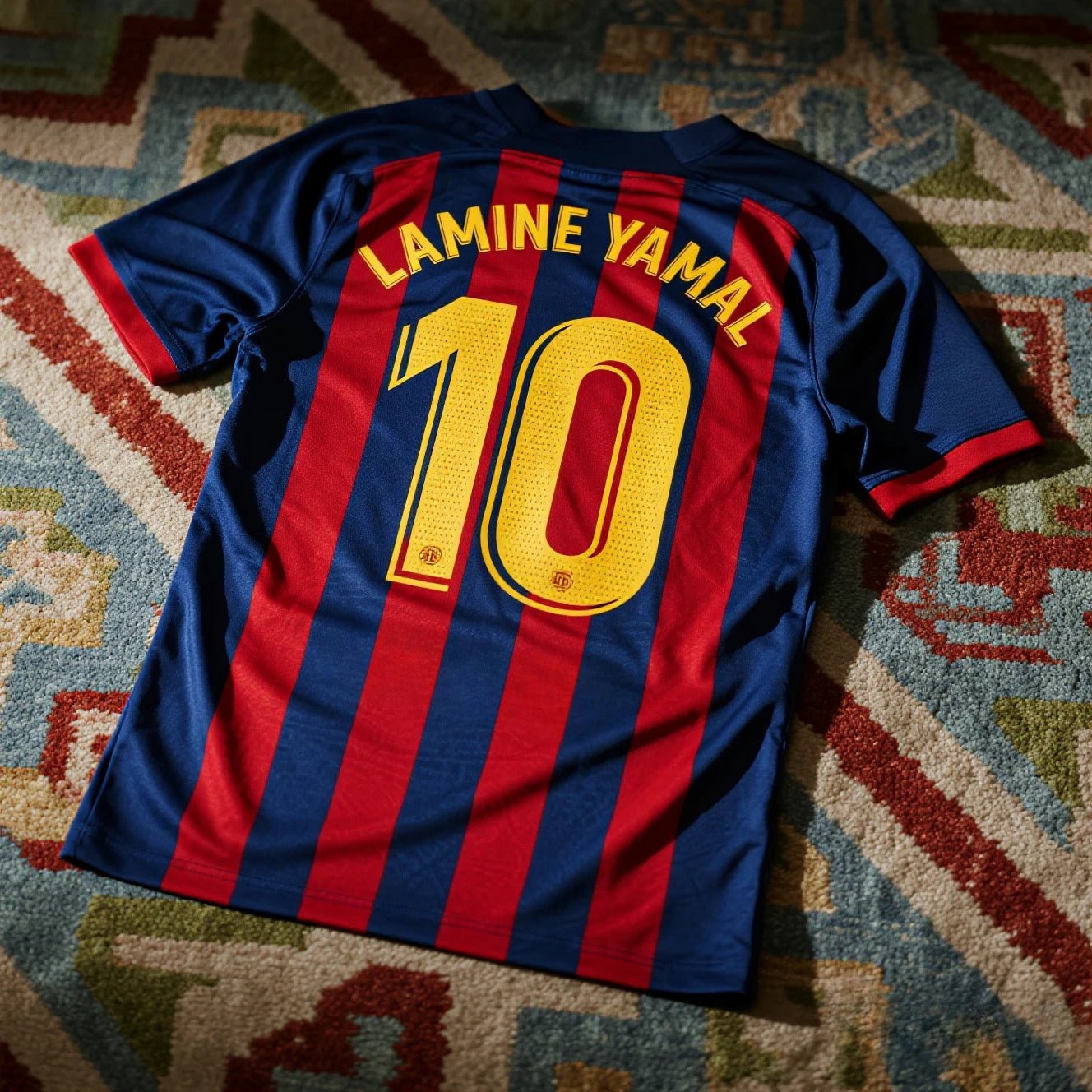 Ansoff Lamine Yamal soccer jersey with blue and red stripes, player number 10, featuring Yamal's name, perfect for football fans.