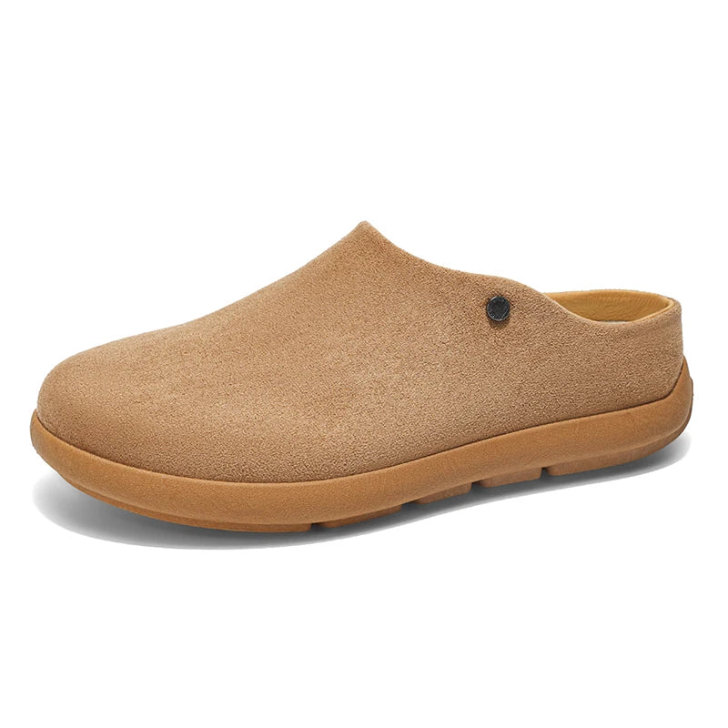 Men's suede leather mule slippers with arch support, cork footbed, and winter comfort features by Ansoff.