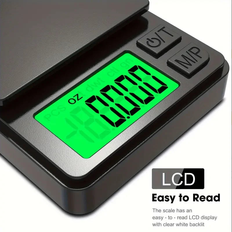 Ansoff Precision Pocket Scale 1000g x 0.1g with backlit LCD showing digital grams, compact mini scale for food and jewelry weighing.