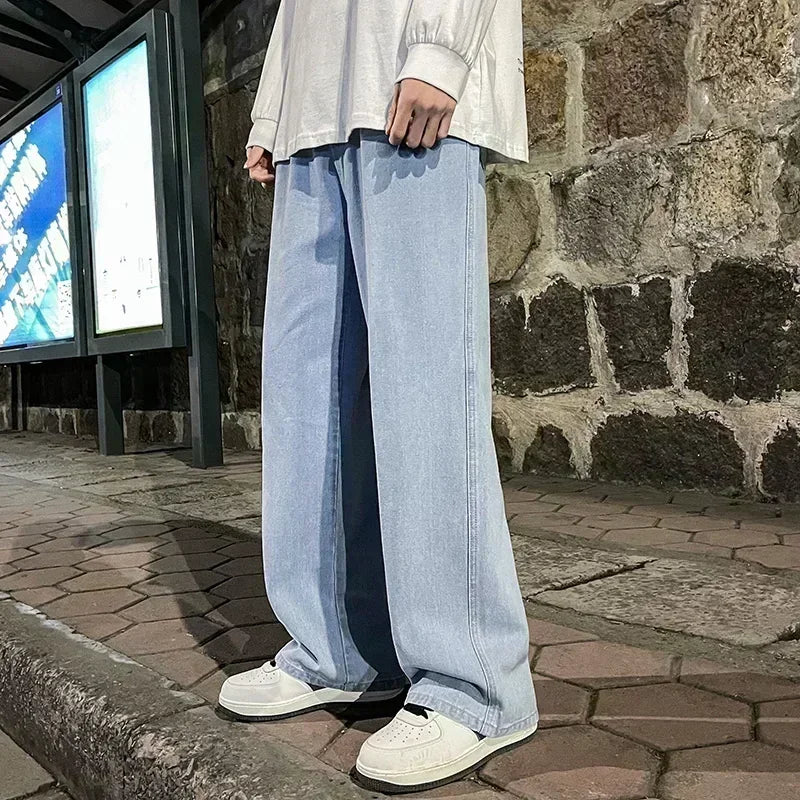 Ansoff men's 2025 streetwear loose jeans in black and light blue, featuring straight wide-leg style and casual Korean fashion design.
