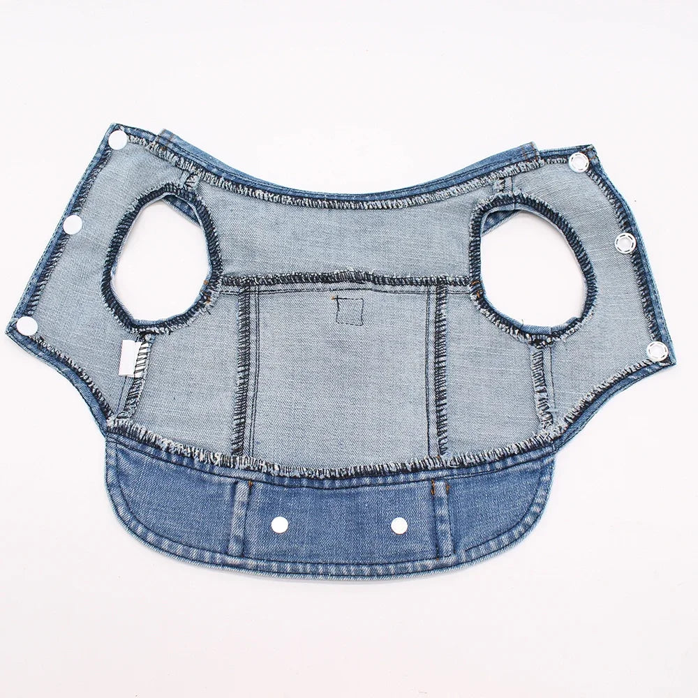 Ansoff dog jeans jacket in cool blue denim for small to medium dogs, featuring a harness vest with D-ring for leash attachment
