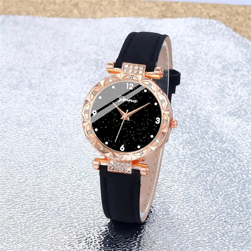 Set of five women's luxury rhinestone wristwatches by Ansoff featuring elegant quartz design and bracelet styles.