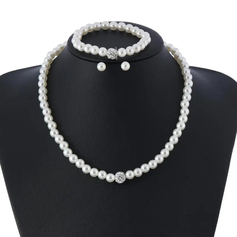 3 PCS Set Imitation Pearl Fireball Necklace Bracelet Earring Stud Jewelry Set Silver Color Crystal Stone Elegant Bridal Jewelry