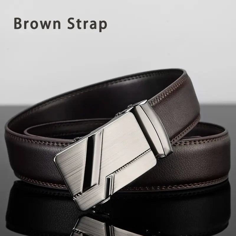 Black men's leather belt with metal automatic buckle, high-quality luxury Ansoff brand business accessory, PU strap.