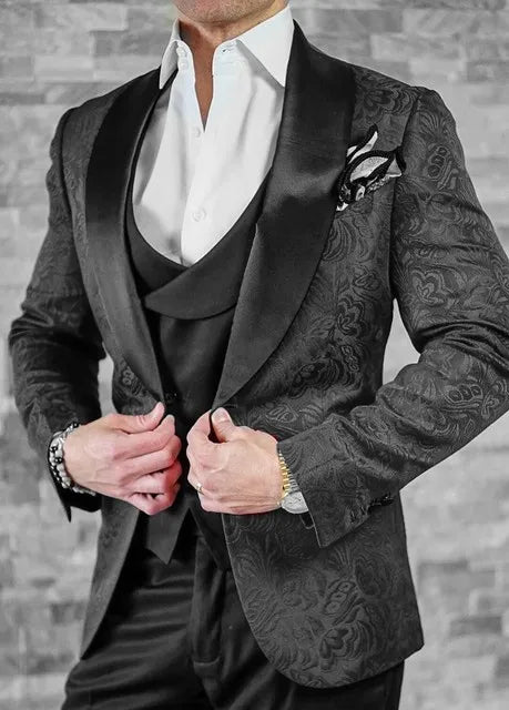 Men's black Italian design wedding tuxedo suit by Ansoff, 3-piece set with jacket, vest, and pants for groom or formal occasions.