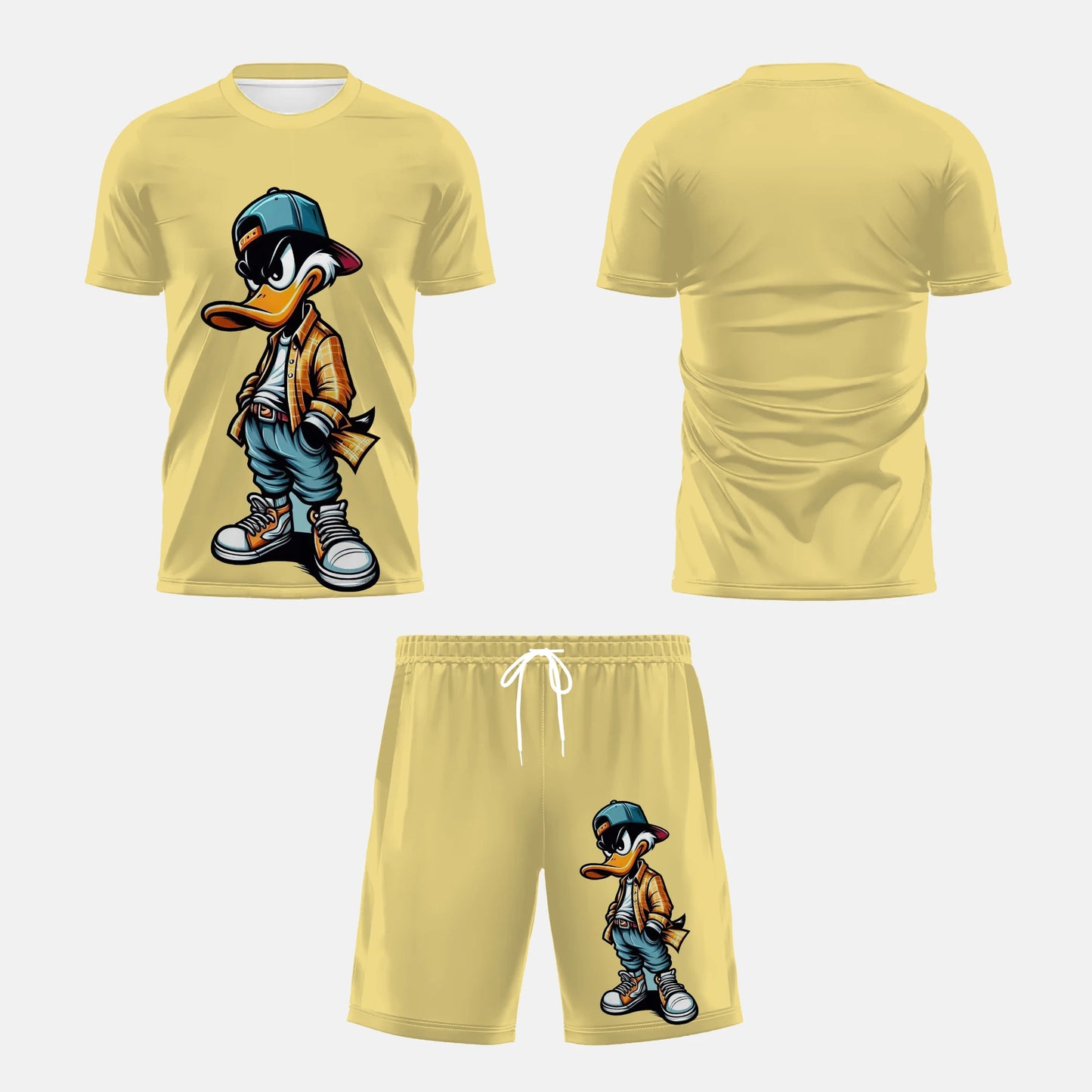 Men's 2025 summer suit by Ansoff with playful cartoon duck print, casual polyester fabric, stylish and comfortable men's wear.
